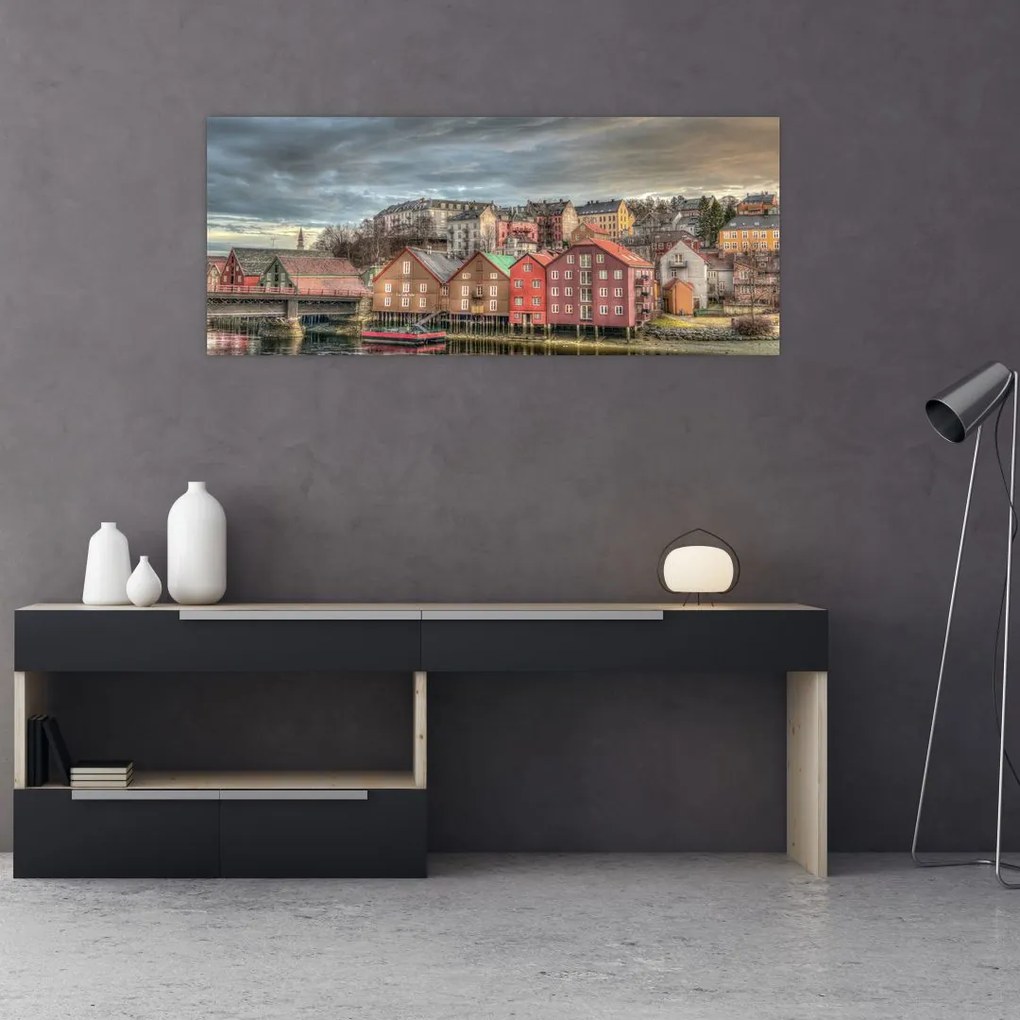 Tablou - Case lângă râu (120x50 cm)