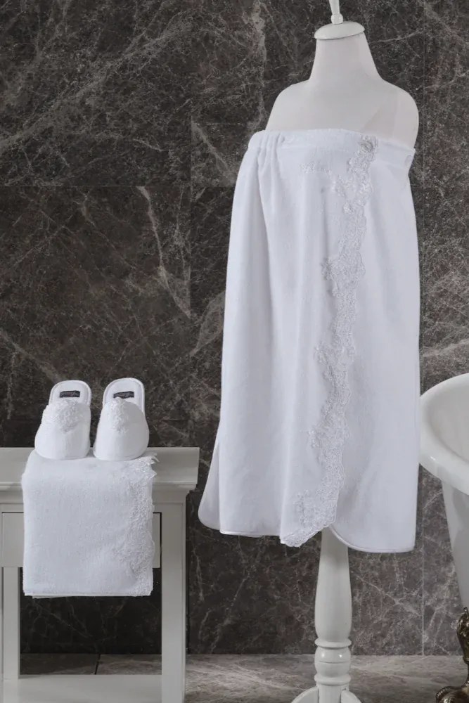 Set SAUNĂ pentru femei LIA în cutie cadou, 3 buc Mărime universală + prosop + Papuci de casa 40/42 Alb / White