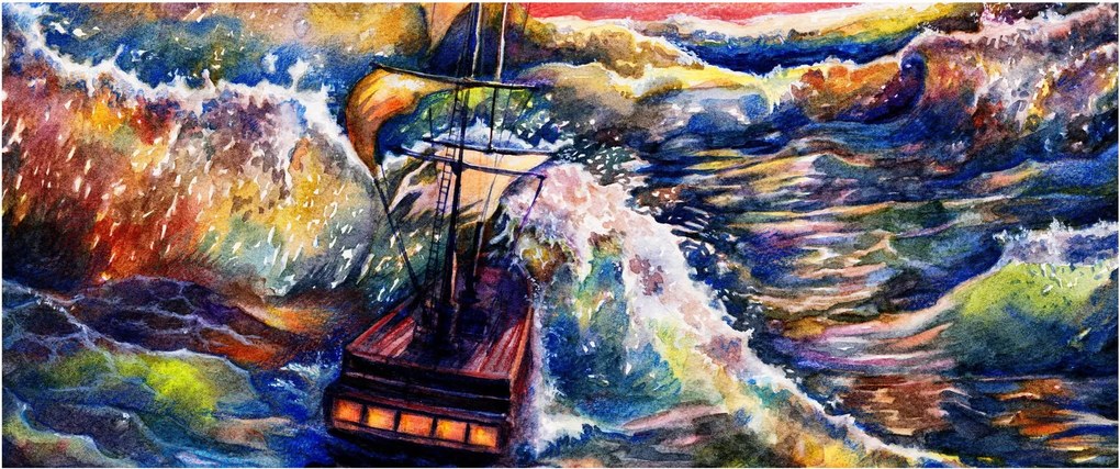 Tablou - Navă pe valurile oceanului, aquarelă (120x50 cm)