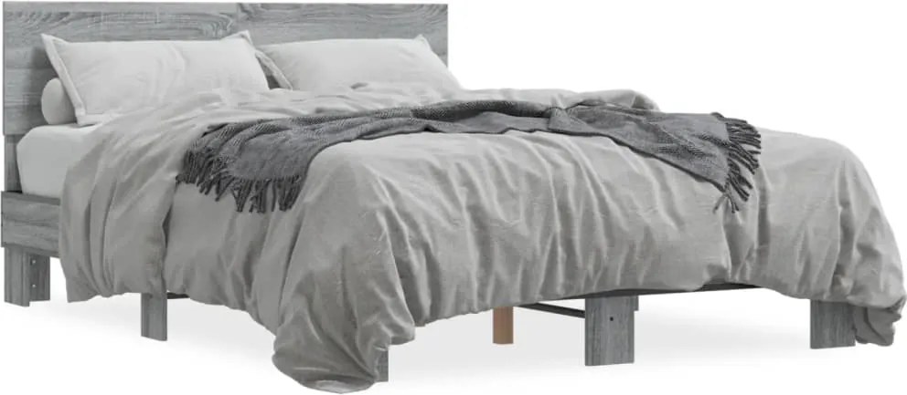 vidaXL Cadru de pat, gri sonoma, 135x190 cm, lemn prelucrat și metal