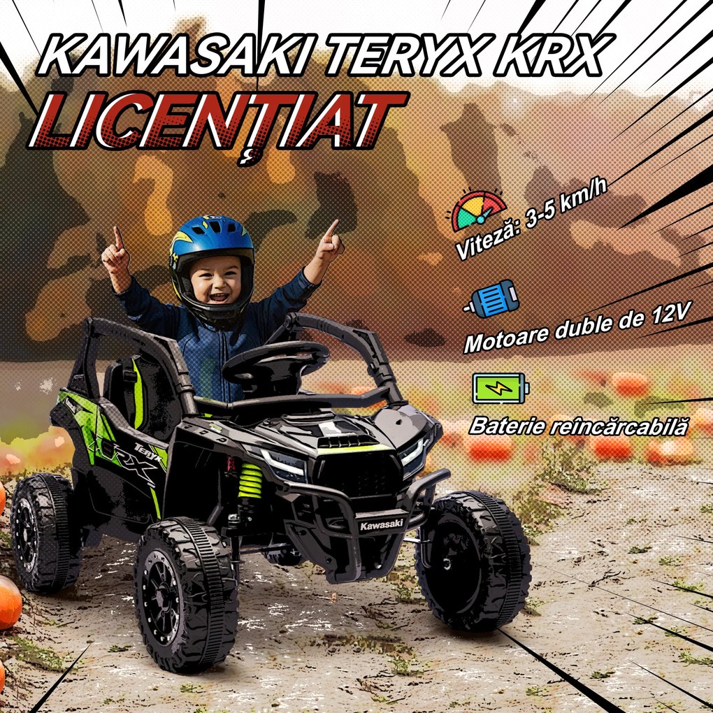 AIYAPLAY ATV Electric pentru Copii 3-5 Ani 12V cu Licență KAWASAKI, Dublu Motor, Telecomandă și Muzică, Negru | Aosom Romania