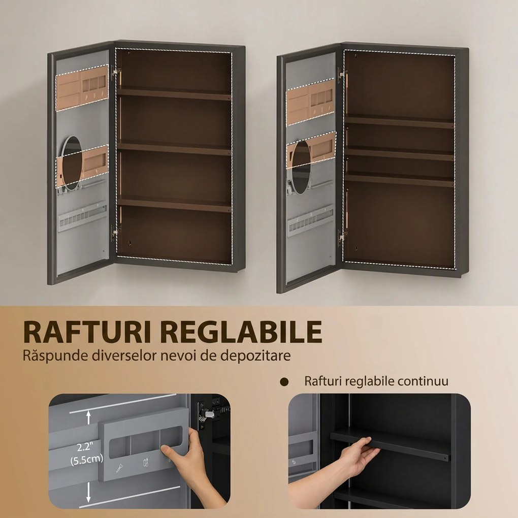 HOMCOM Dulap de baie cu oglindă, raft reglabil, panou multifuncțional, negru | Aosom Romania