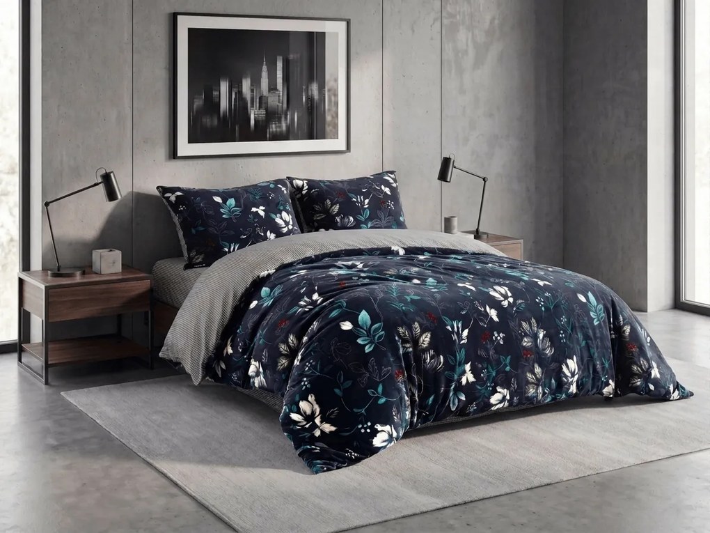 Lenjerie de pat reversibila DUO SENSE NOCTIFLORA albastru inchis cocolino/flanel Dimensiune lenjerie de pat: 70 x 90 cm | 140 x 220 cm