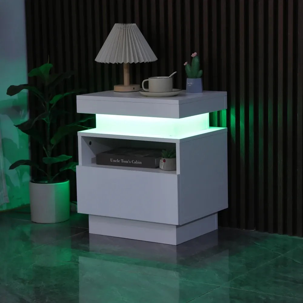 Noptieră cu un sertar și spațiu intermediar, iluminare LED, telecomanda, Alb, 45x35.5x52 cm