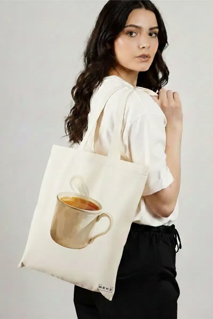 Sacosa de Panza pentru Cumparaturi, Geanta Tote, model Hot coffee 38 x 34.5 cm, Alba, BEKZ®