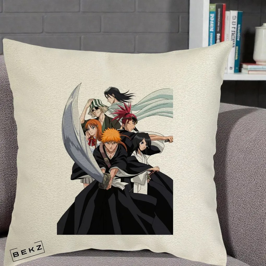 Perna Personalizata Bleach Grup Complet Ichigo si Prietenii, 40x40 cm, Ecru, Husa Detasabila, Perna Inclusa, BEKZ®