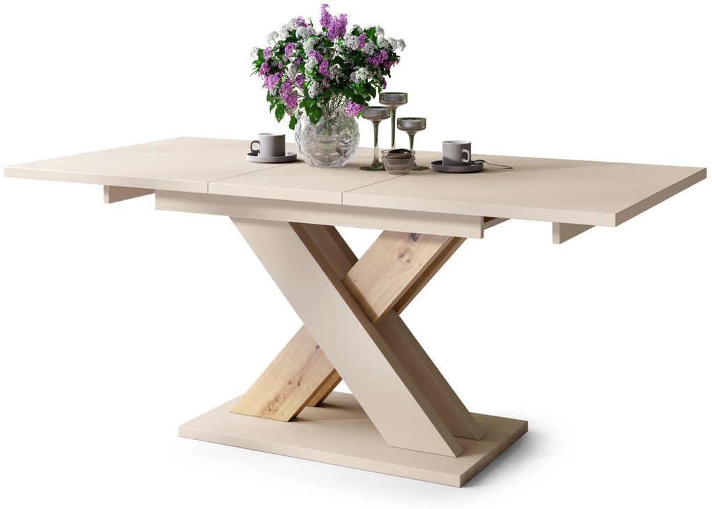 Mazzoni KARO Bej (Șampanie)/Stejar Artisan – MASĂ/MĂSUȚĂ CAFEA MODERNĂ CU BLAT EXTENSIBIL până la 180 cm