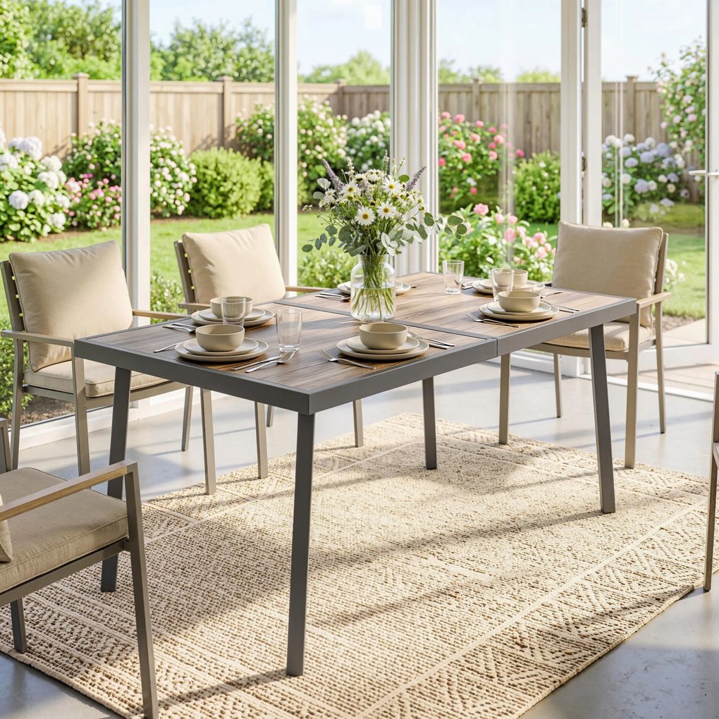 Outsunny Masă de Patio, Masă de Balcon, Masă de Dining pentru Exterior 145 x 85 cm pentru 6 Persoane cu Efect de Lemn, Cadrul din Oțel, Gri | Aosom Romania