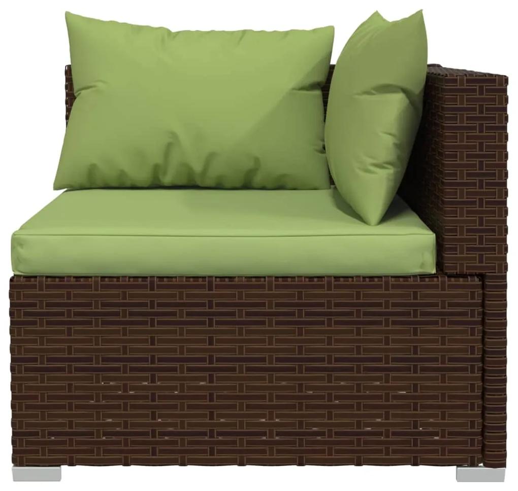 Set mobilier de gradina cu perne, 11 piese, maro, poliratan maro si verde, 6x mijloc + 4x colt + suport pentru picioare, 1