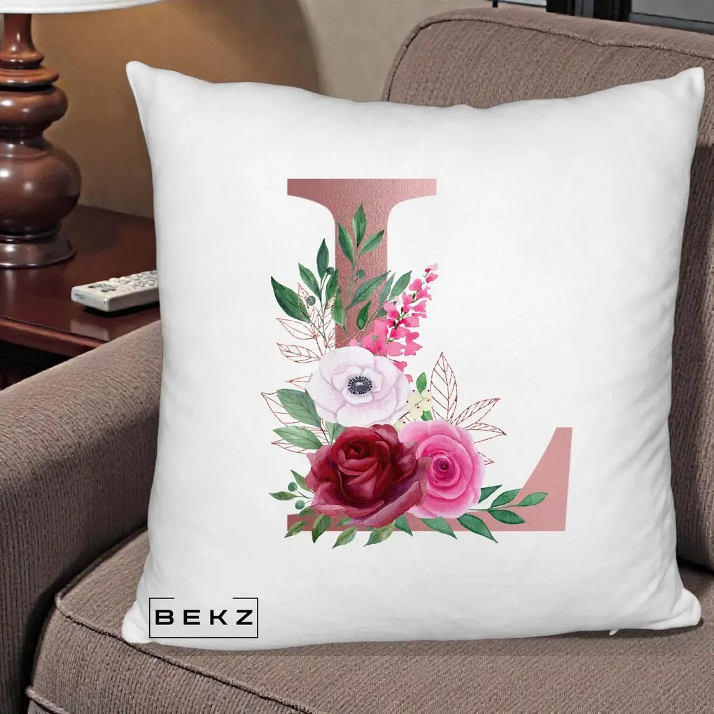 Cadou Personalizat - Perna Personalizata Monograma Rose Gold Litera L, 40x40 cm, Alb Pufos, Husa Detasabila, Perna Inclusa, BEKZ®