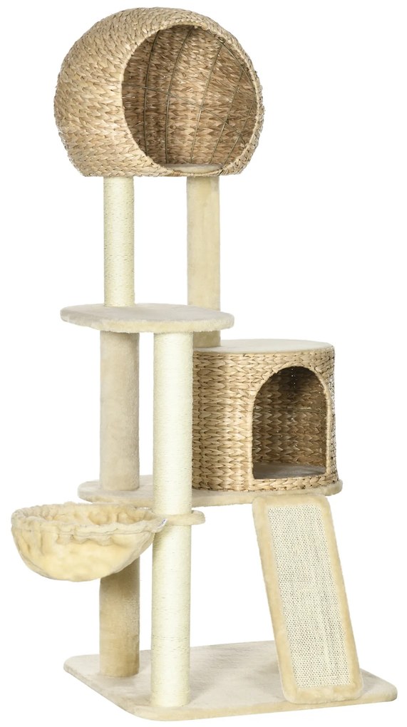 PawHut Arbore de cățărat pentru pisici cu sisal natural, 2 cuiburi, platformă, hamac, pluș, plăci de apă - 60 x 60 x 150 cm, bej | Aosom Romania