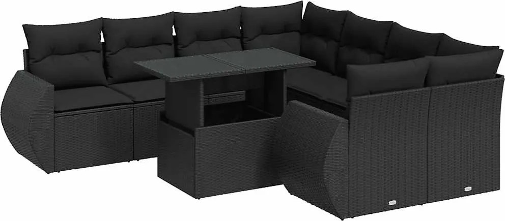 vidaXL Set mobilier de grădină cu perne, 9 piese, negru, poliratan