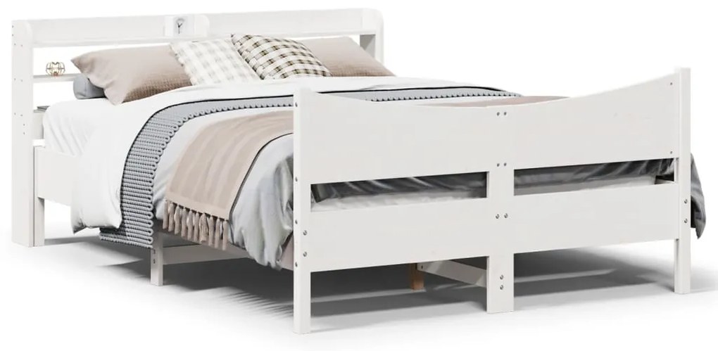 vidaXL Cadru de pat cu tăblie, alb, 135x190 cm, lemn masiv de pin