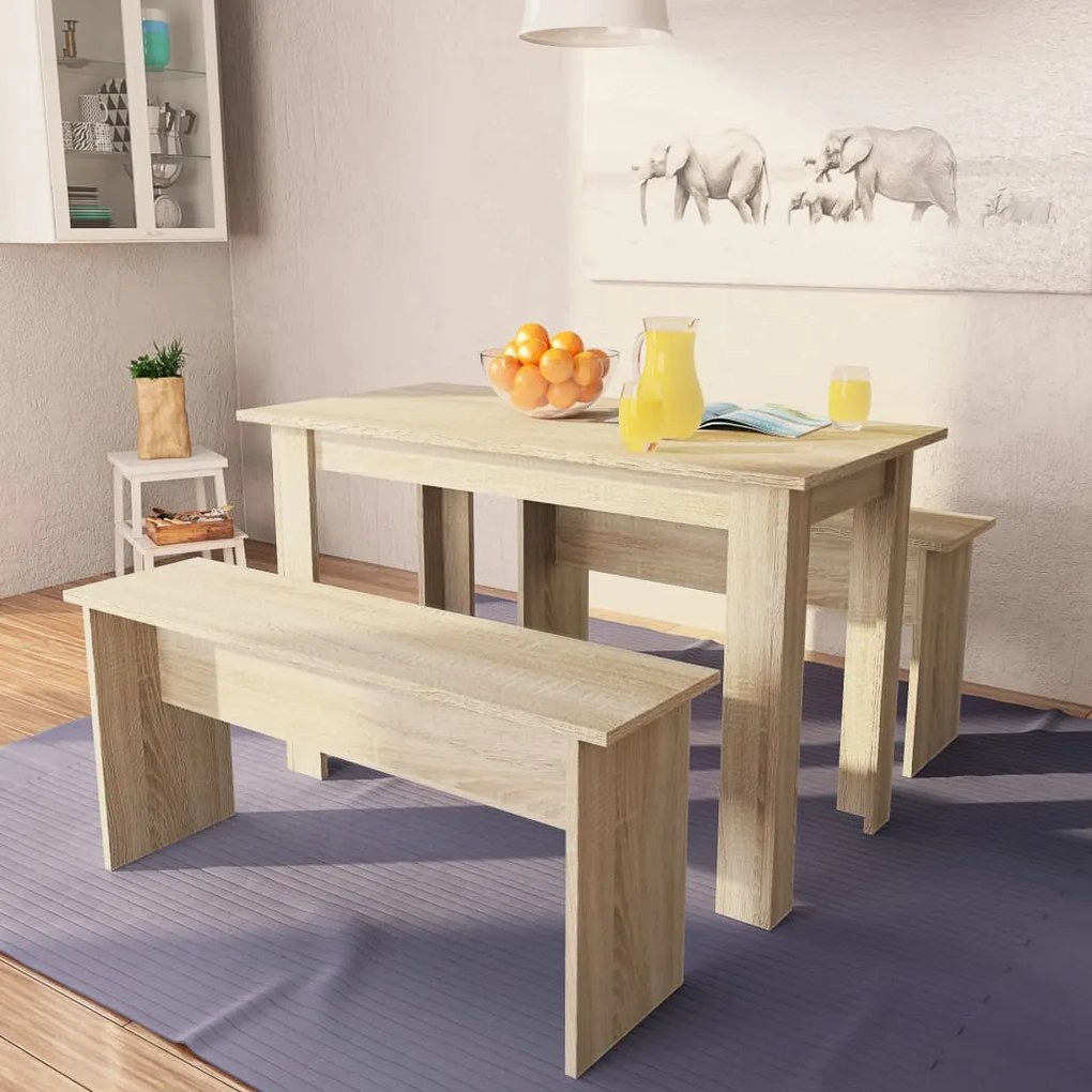 244866 vidaXL Masă și bănci de bucătărie, 3 piese, PAL, culoarea stejarului