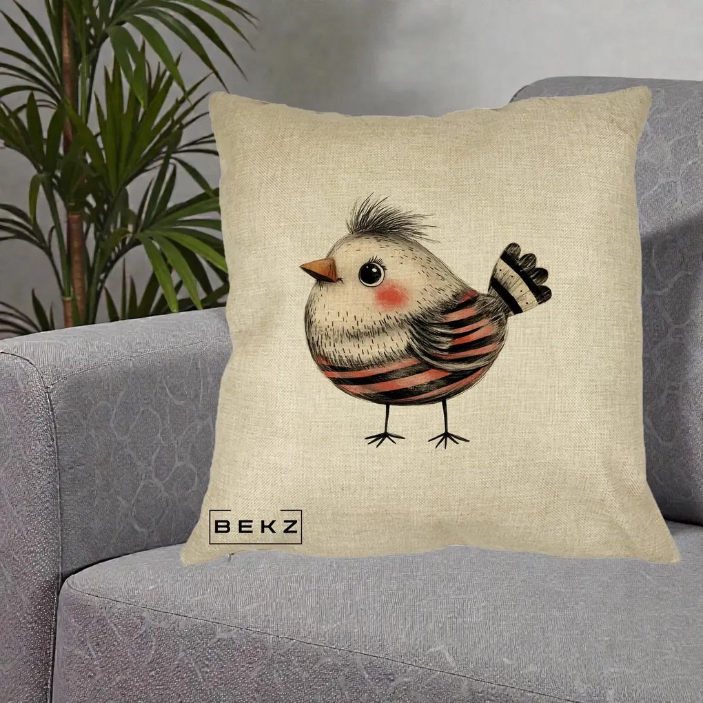 Perna Decorativa Pui Expresiv Dungi Negru-Rosu, 40x40 cm, Crem, Husa Detasabila, Perna Inclusa, BEKZ®