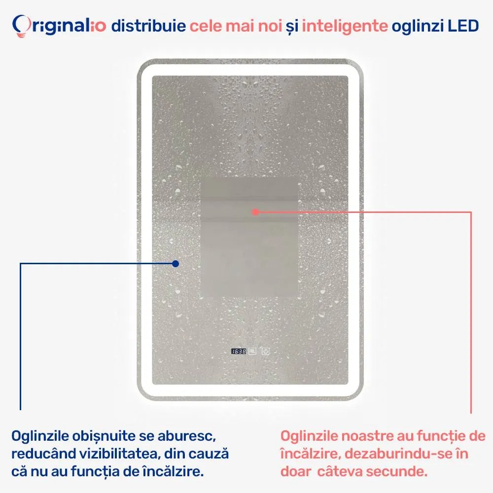 Oglindă LED Dreptunghiulară (60x90 cm), 3 Moduri Iluminare (Lumină Rece, Naturală, Caldă), Intensitate Reglabilă, Funcție Dezaburire, Ceas (Timer) și Termometru, Control Tactil (Touch)