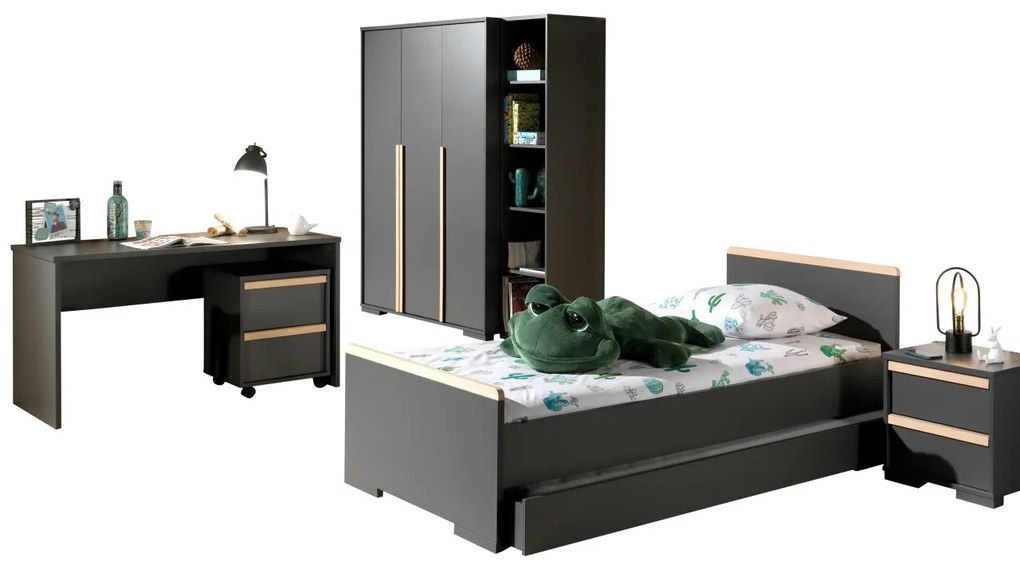 Set mobilier copii LONDON, pat 90x200 cm cu sertar depozitare + noptieră + dulap 3 uși + birou + comodă cu sertare și rotile + bibliotecă, antracit –