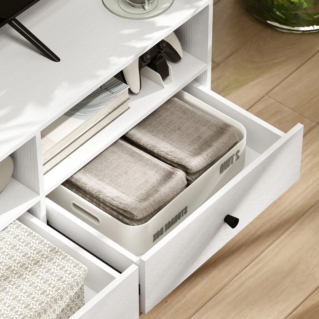 HOMCOM Mobilier TV pentru până la 75" cu 3 sertare, 3 rafturi deschise și pas-cablu, 140 x 34 x 45 cm, alb | Aosom Romania