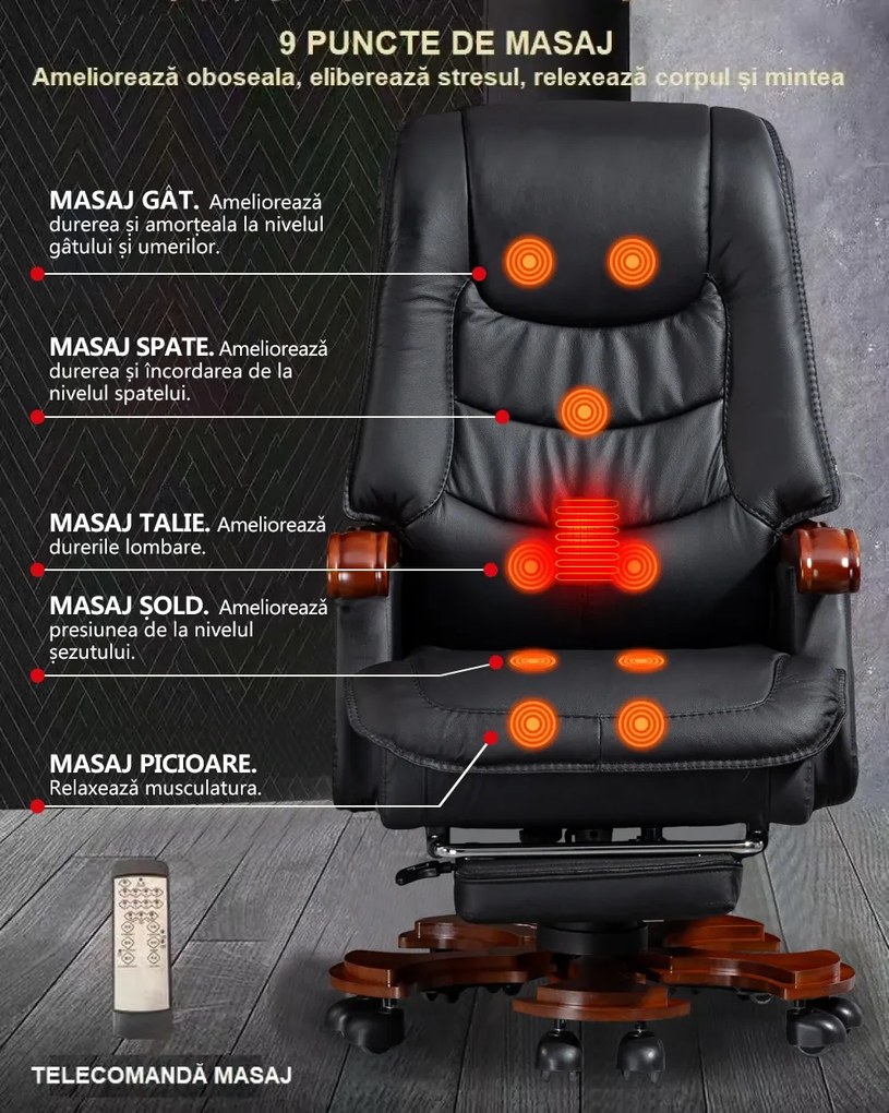 Scaun directorial din piele naturala si lemn masiv, Masaj in 9 puncte si Incalzire, rezistent 150 kg, Negru