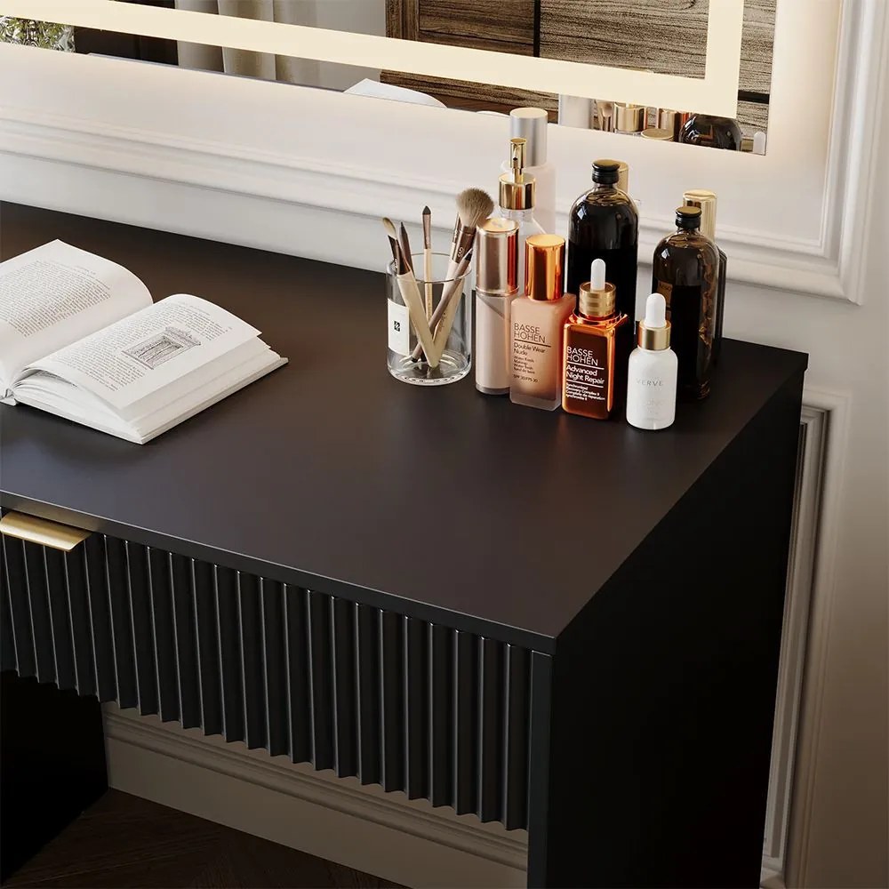 Masuta machiaj neagra cu Oglinda LED si 5 Sertare pentru Cosmetice, Set Masa toaleta 120 cm, masuta vanity cu Riflaj, cosmetica- SEN250