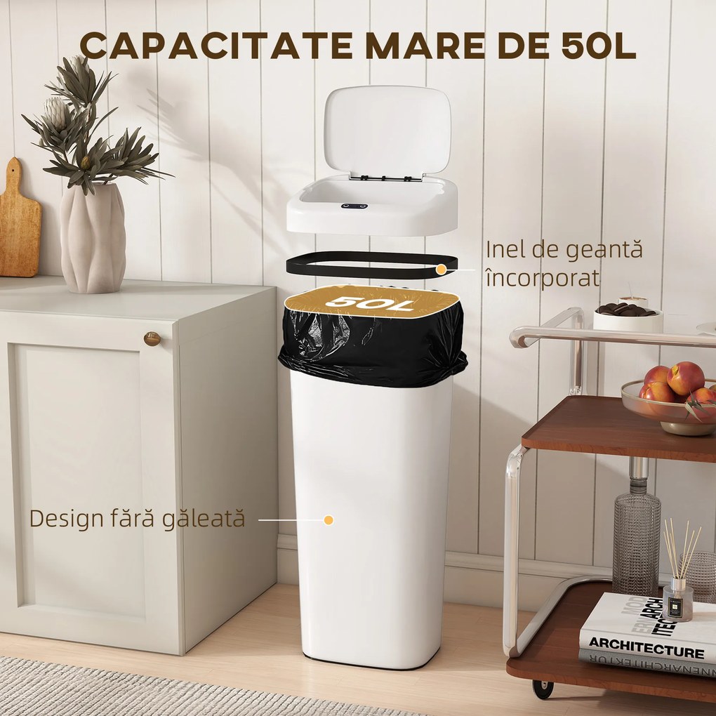 HOMCOM Coș de gunoi cu senzor infraroșu, 50L, 2 moduri de deschidere, suprafață antiamprentă, alb | Aosom Romania