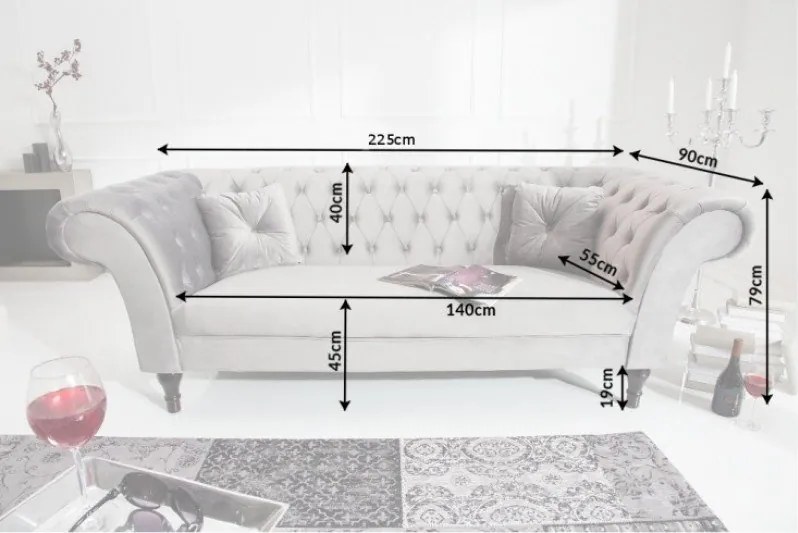 Canapea fixa eleganta Paris Chesterfield, gri argintiu