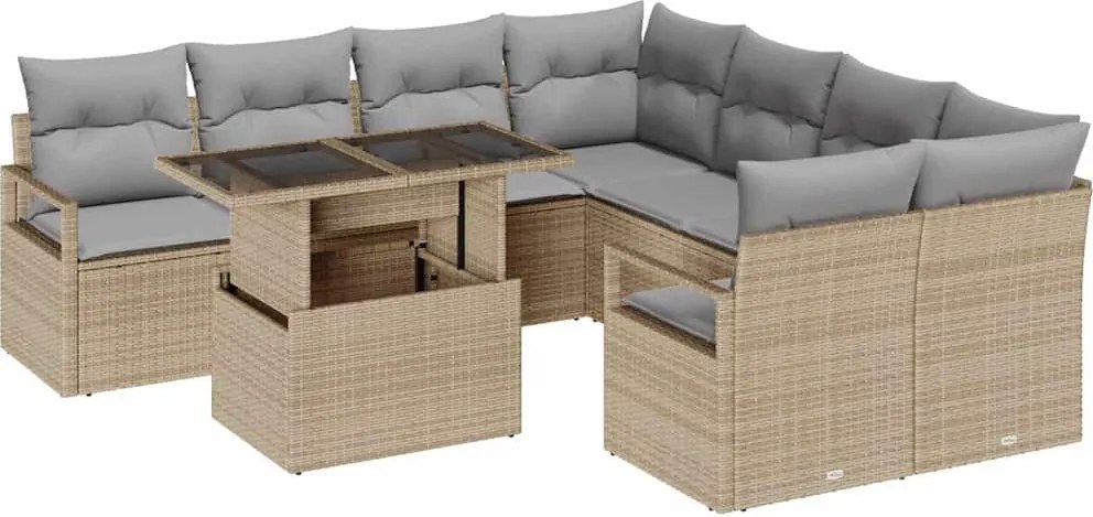 vidaXL Set de canapele pentru grădină cu pernă 9 pcs Bej Rattan poli