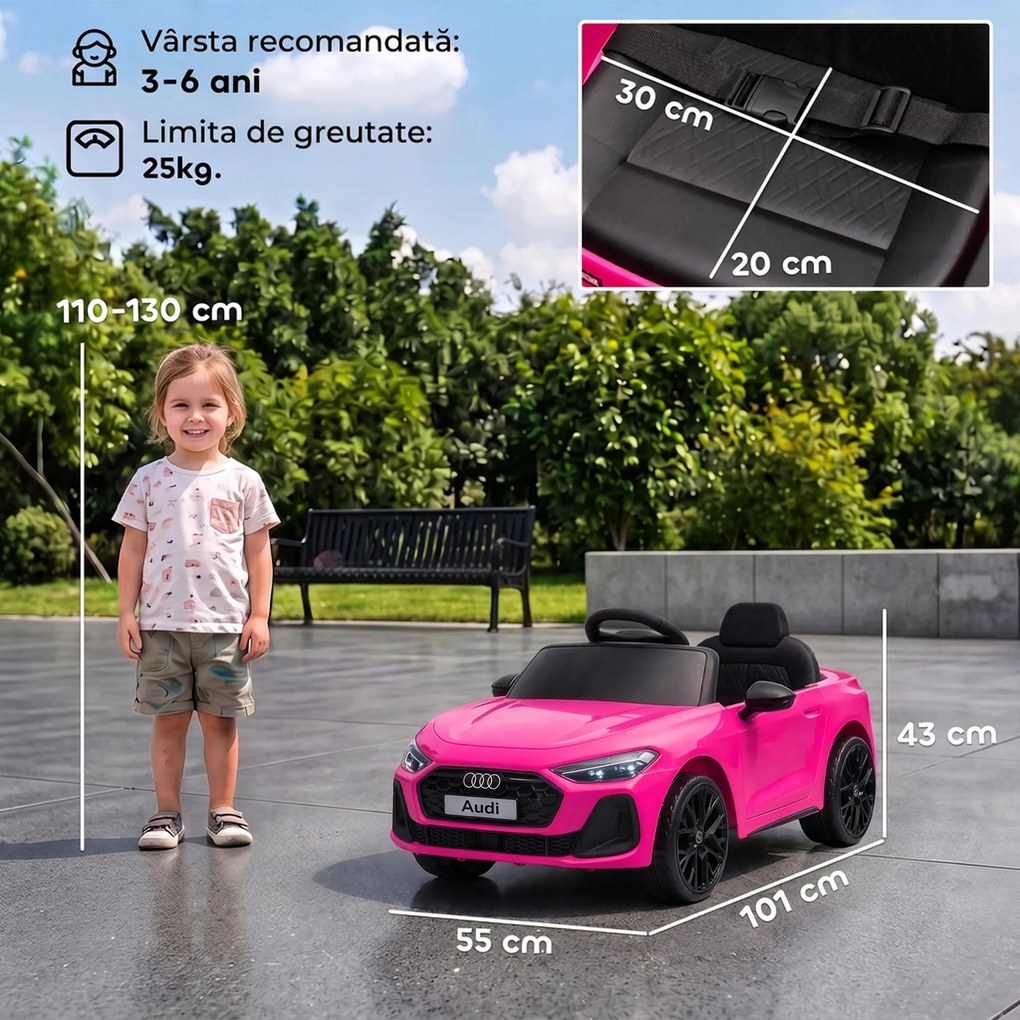 AIYAPLAY Mașină Electrică pentru Copii 12V Audi A5L cu Telecomandă, Baterie cu Litiu, 2 Motoare, Telecomandă, Roz | Aosom Romania
