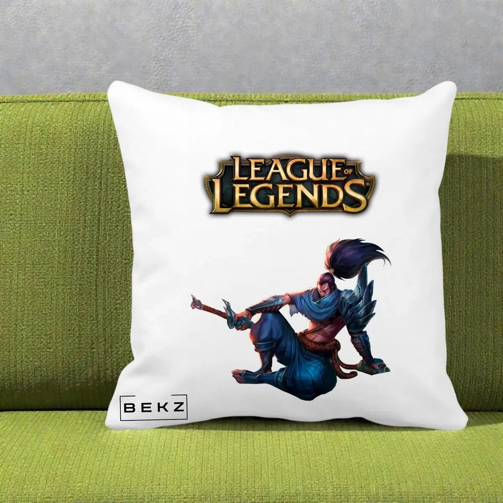 Perna Personalizata League of Legends Yasuo, 40x40 cm, Alba Mata, Husa Detasabila, Perna Inclusa, BEKZ®