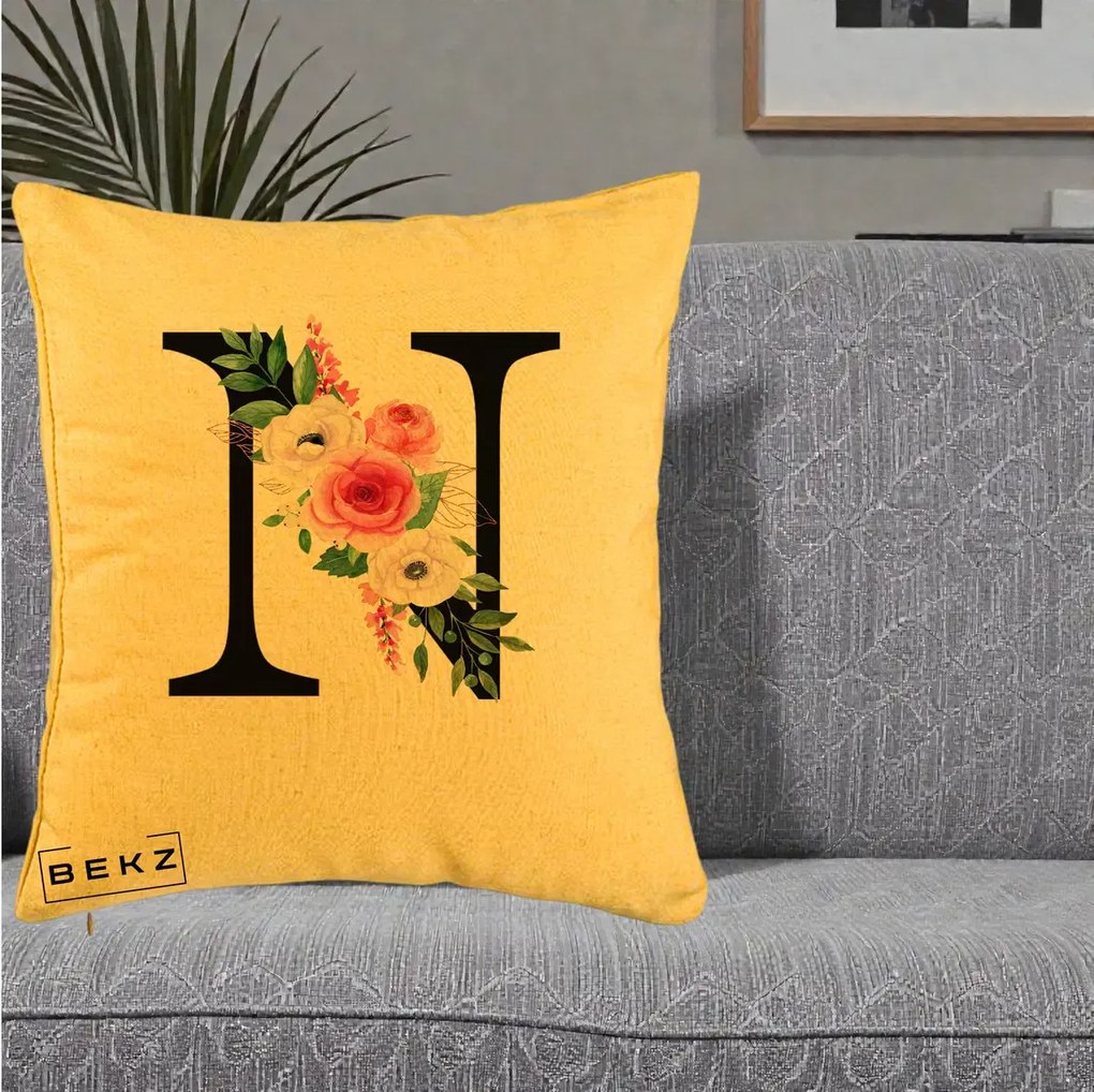 Cadou Personalizat - Perna Personalizata Monograma Florala Litera N, 40x40 cm, Galben, Husa Detasabila, Perna Inclusa, BEKZ®