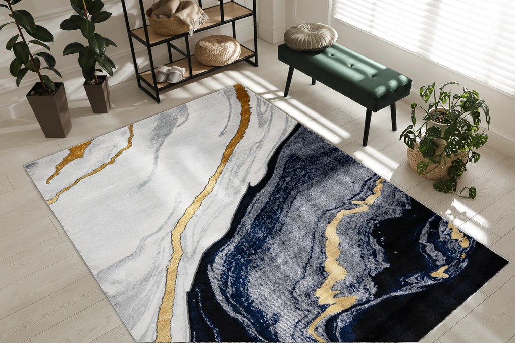 Exclusiv EMERALD covor 1017 glamour, stilat, marmură albastru inchis / aur