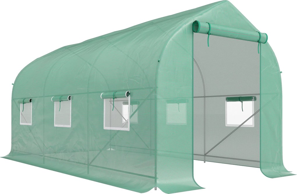 Seră Outsunny de Grădină de Tip Tunel 4x2x2 m cu Uși Rulabile și 6 Ferestre, Seră pentru Grădină cu Acoperiș înclinat, Structură din Metal și Acoperiș PE, pentru Grădinărit legume flori fructe, Verde | Aosom Romania