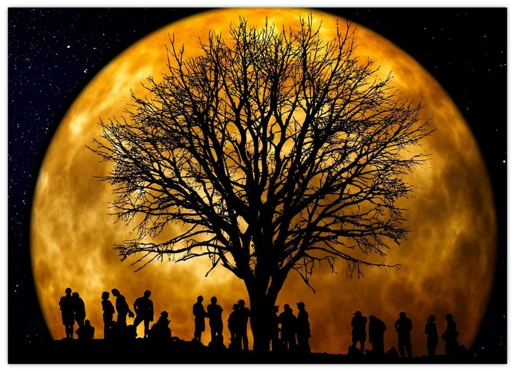 Tablou pe sticlă cu luna și siluete (70x50 cm)