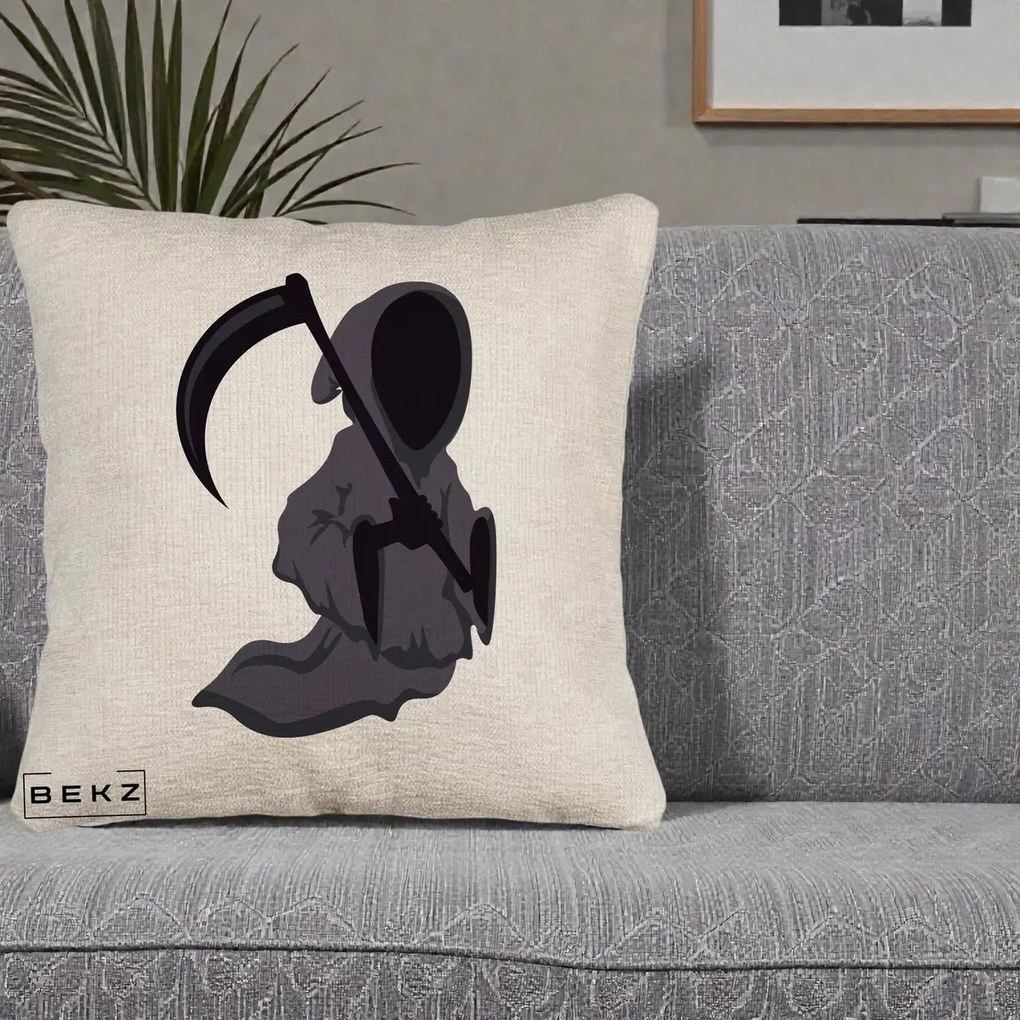 Perna Decorativa Moartea cu Coasa Grim Reaper Halloween, 40x40 cm, Bej Canapea, Husa Detasabila, Perna Inclusa, BEKZ®