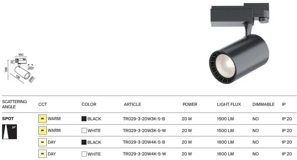 Spot LED, accesoriu pentru sinele trifazate Trinity, Vuoro alb 4000K 20W