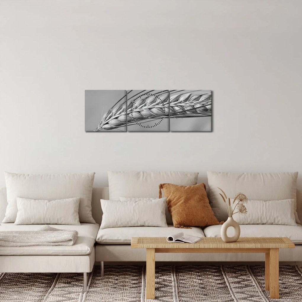 Tablou - Grâu,alb-negru (cu ceas) (90x30 cm)
