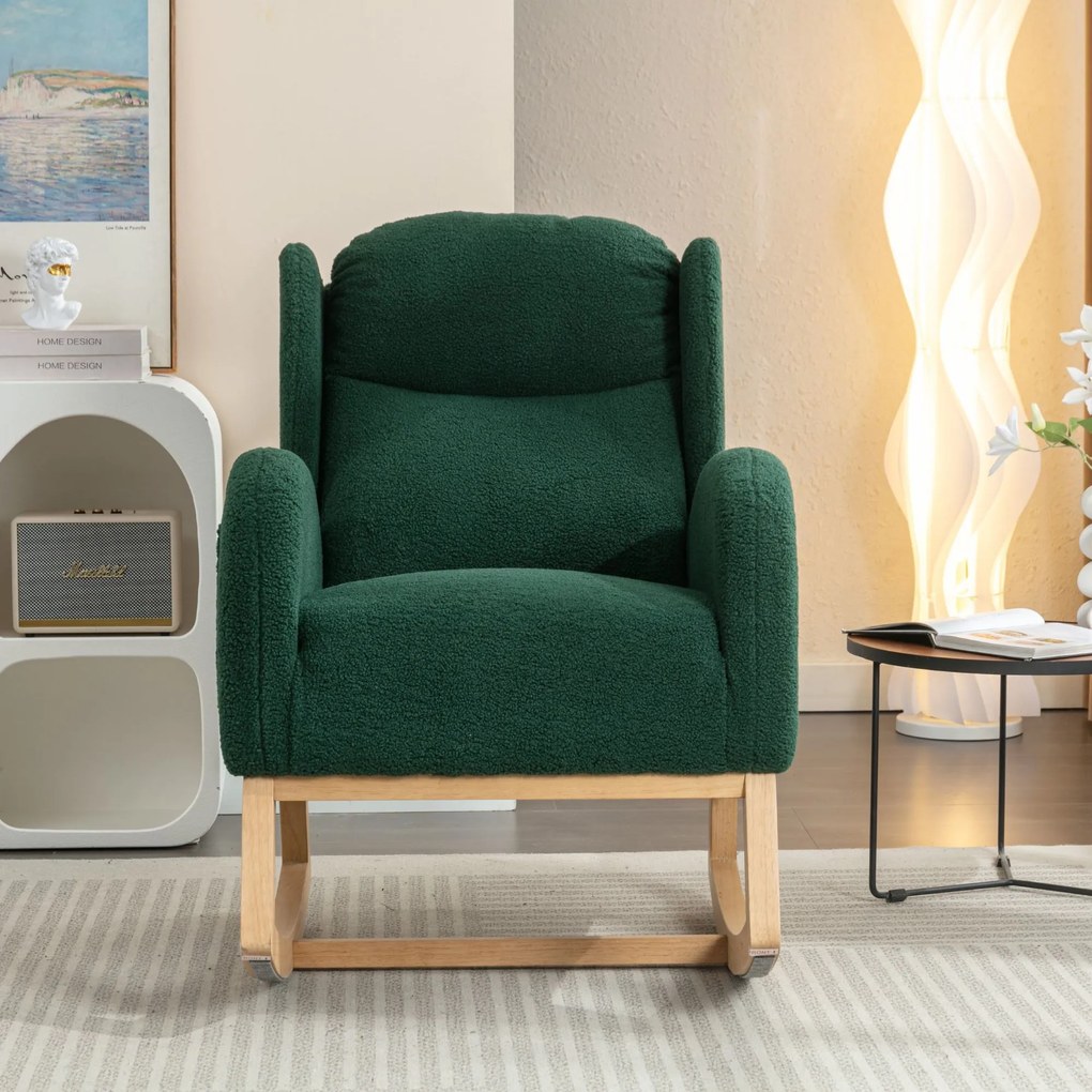 Scaun balansoar modern cu husă din material Teddy, fotoliu cu design ergonomic cu spătar înalt, pentru living și dormitor, 71x96,5x101 cm, Verde