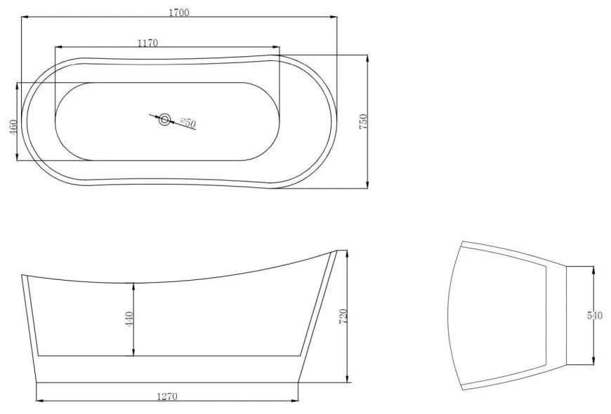 Cada baie freestanding 170 x 75 cm, ovala cu preaplin, Diva Foglia 1700x750 mm