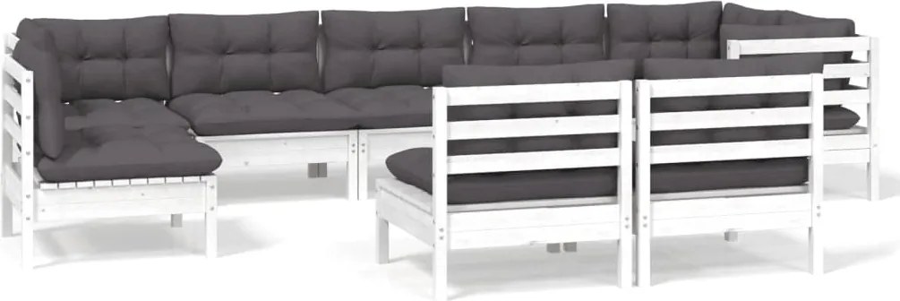 vidaXL Set mobilier de grădină cu perne, 9 piese, alb, lemn masiv pin