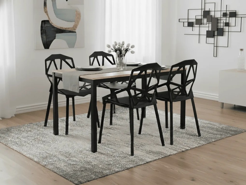 Set de masa 1 + 4, masa TESSA 120x60 cm neagra/decor stejar + scaun din plastic negru ESSEN