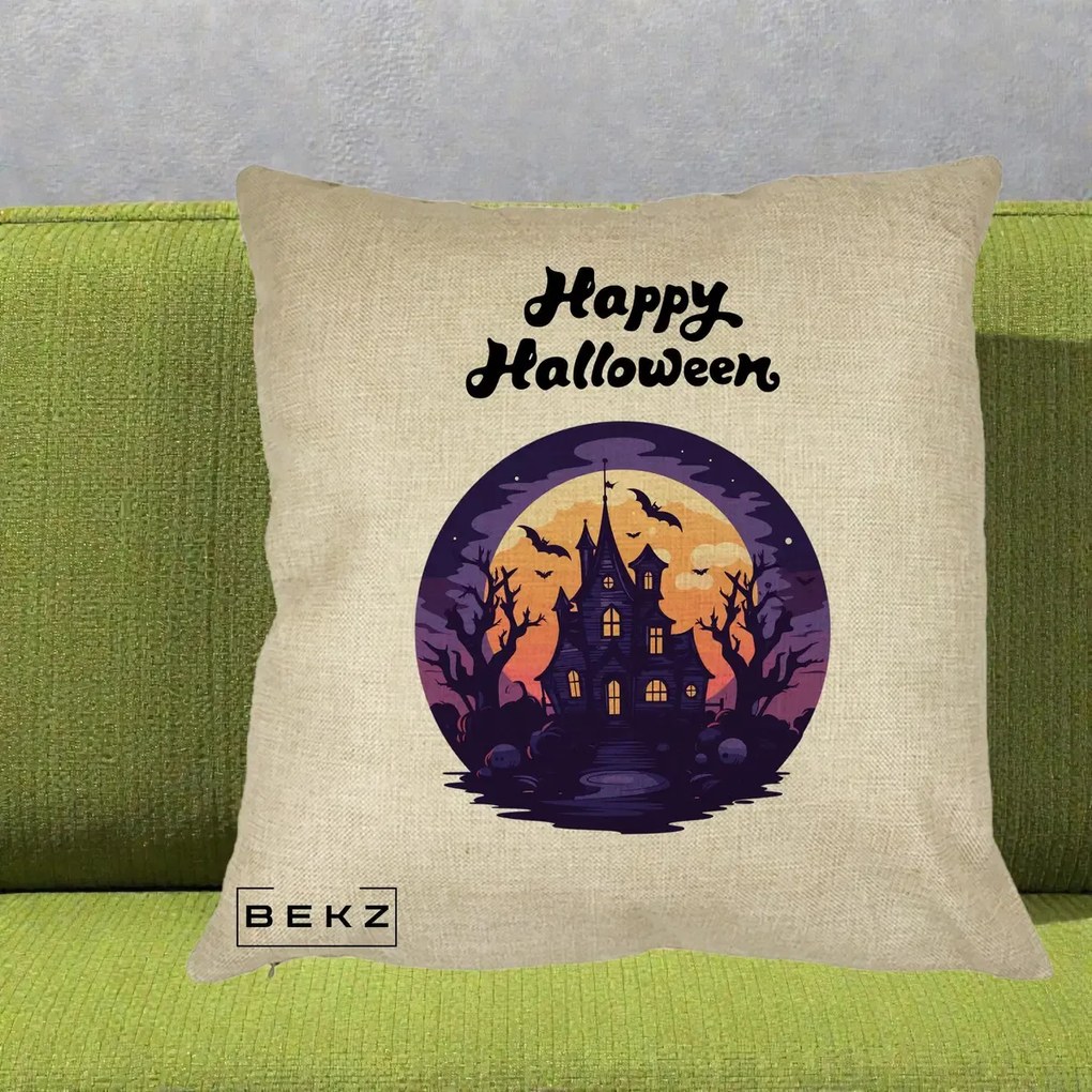 Perna Decorativa Happy Halloween Casa Bantuita Violet, 40x40 cm, Crem, Husa Detasabila, Perna Inclusa, BEKZ®