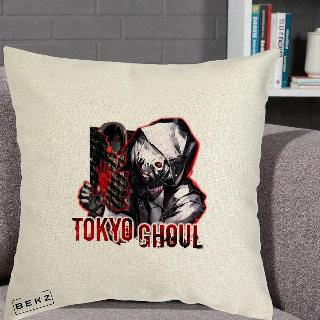 Perna Personalizata Tokyo Ghoul Ken Kaneki Anime, 40x40 cm, Ecru, Husa Detasabila, Perna Inclusa, BEKZ®