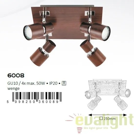 Lustra, Plafoniera cu 4 spoturi, dim.25x25cm, finisaj wenge, Merkur 6008 RX