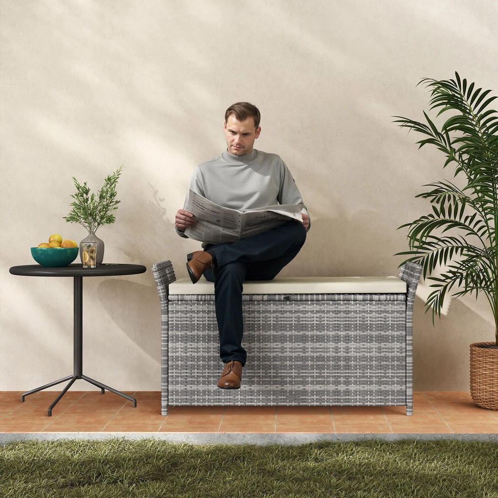 Outsunny Bancă cutie de depozitare exterioară din rășină țesută 250L cu pernă detașabilă, pentru grădină, balcon, crem | Aosom Romania