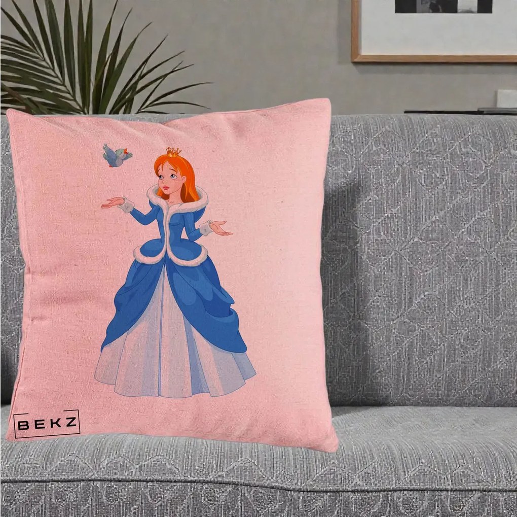 Perna Personalizata Printesa Albastra cu Pasare, 40x40 cm, Roz, Husa Detasabila, Perna Inclusa, BEKZ®