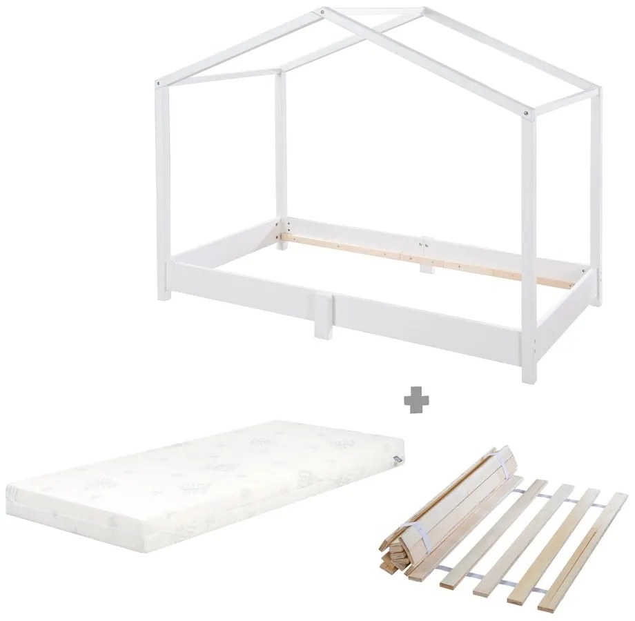 Pat pentru copii alb de tip casă din lemn masiv cu saltea/cu somieră 70x140 cm – Roba