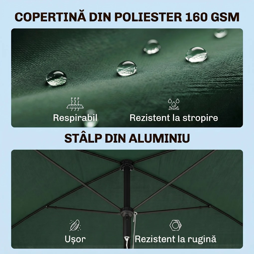 Outsunny Umbrelă pentru Grădină Dreptunghiulară, cu Inclinare Reglabilă și Stâlp din Aluminiu, 2x2.4m, Verde/Negru | Aosom Romania