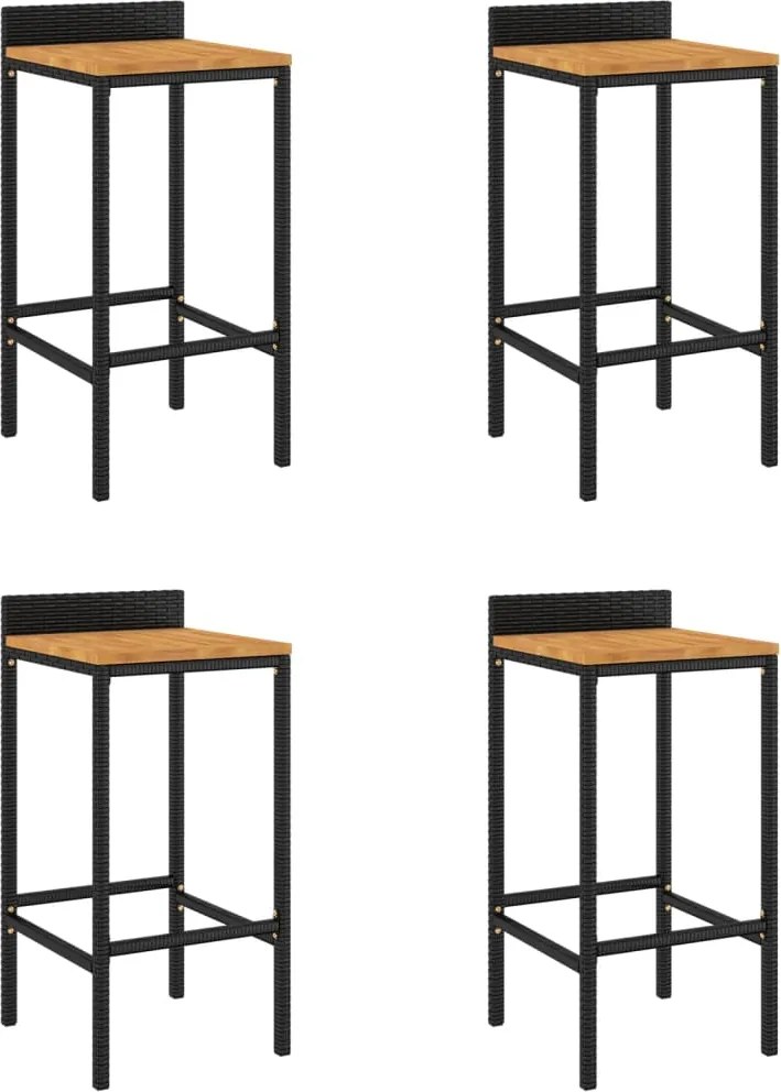vidaXL Scaune de bar, 4 buc, negru, poliratan și lemn masiv de acacia