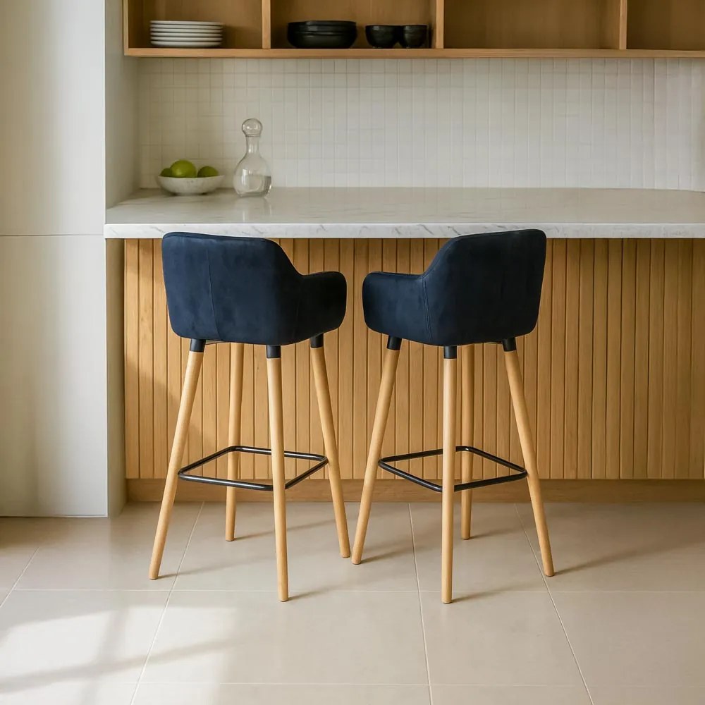 Scaun de bar negru ABS 1271 din catifea cu picioare din lemn