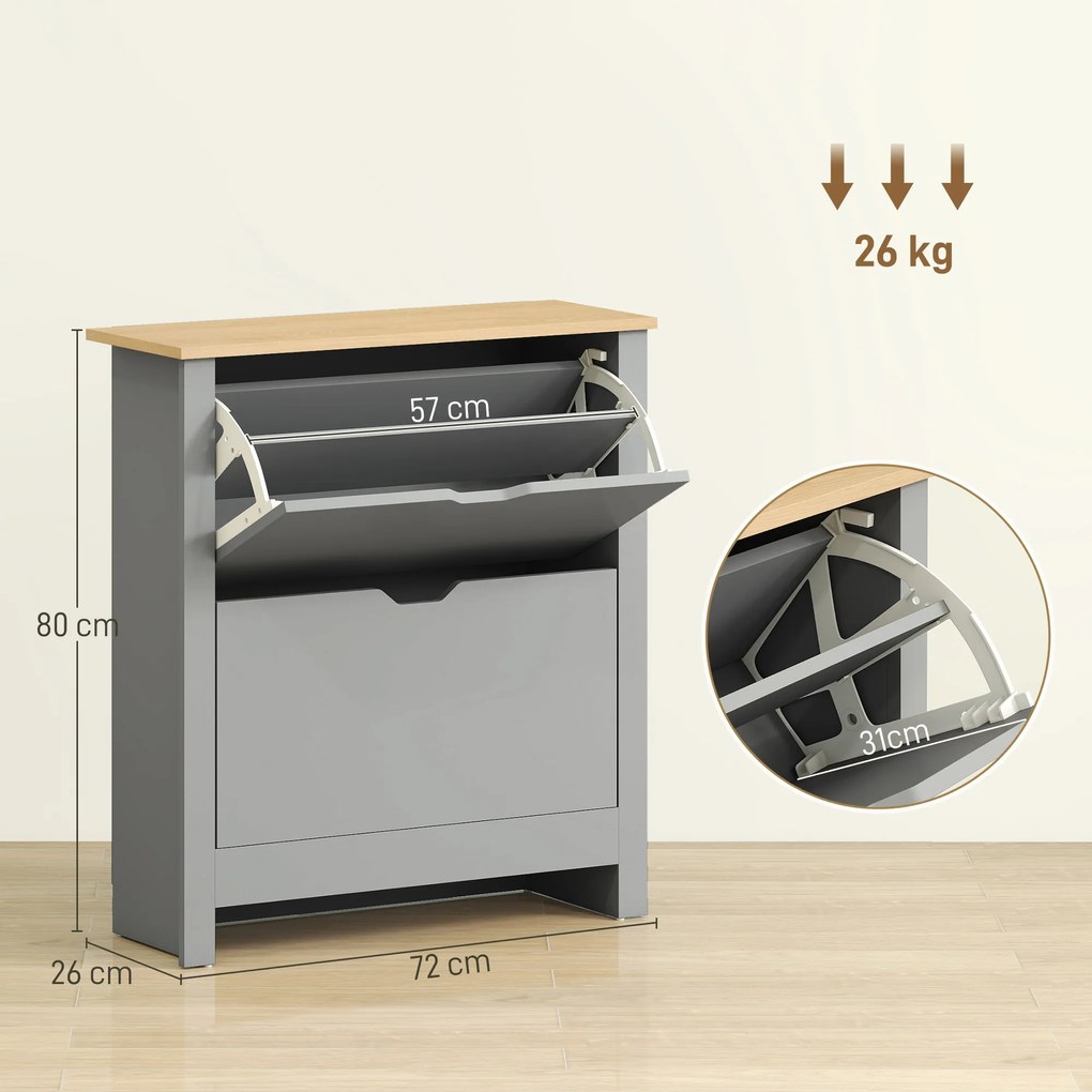 HOMCOM Dulap pentru încălțăminte 12 perechi, dulap îngust cu 2 sertare rabatabile și polițe reglabile, gri deschis | Aosom Romania